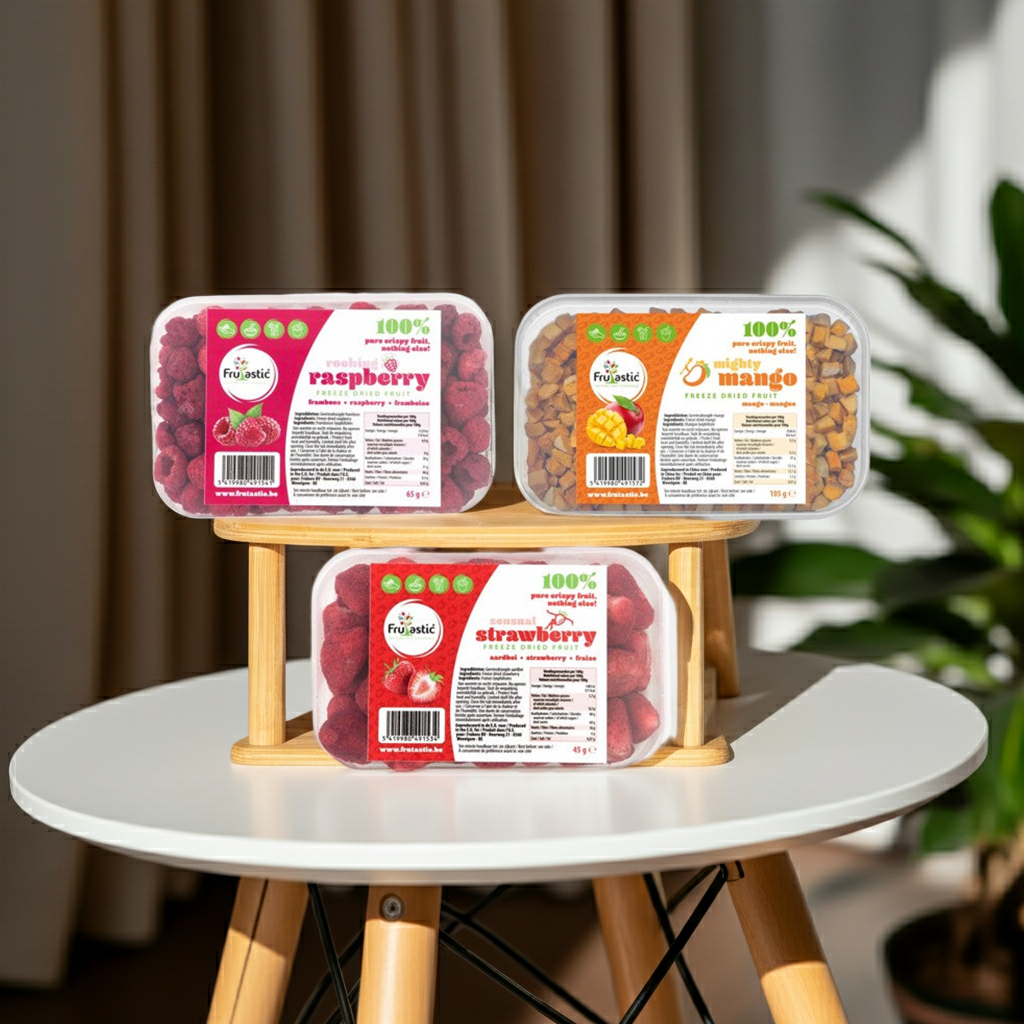 Carton mixte fruits lyophilisés 3 fraise + 3 mangue + 3 framboise 645 g