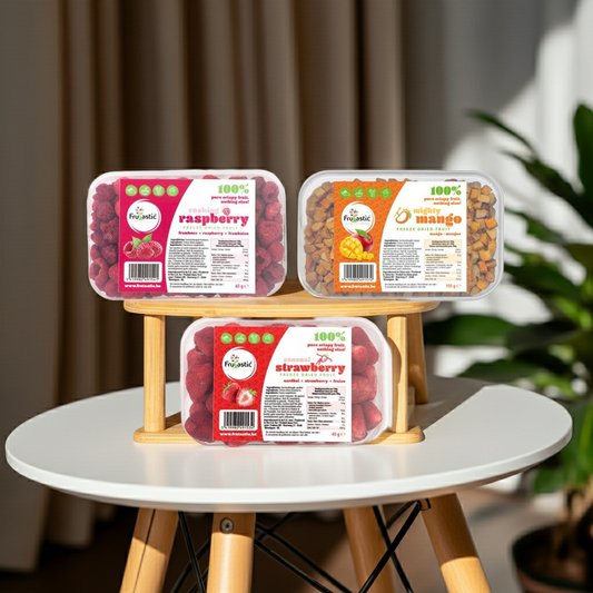 Carton mixte fruits lyophilisés 3 fraise + 3 mangue + 3 framboise 645 g