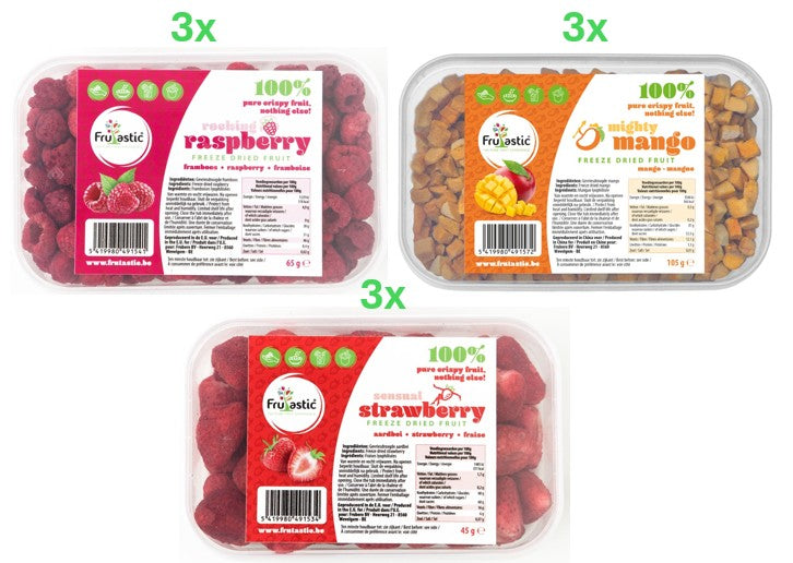 Carton mixte fruits lyophilisés 3 fraise + 3 mangue + 3 framboise 645 g